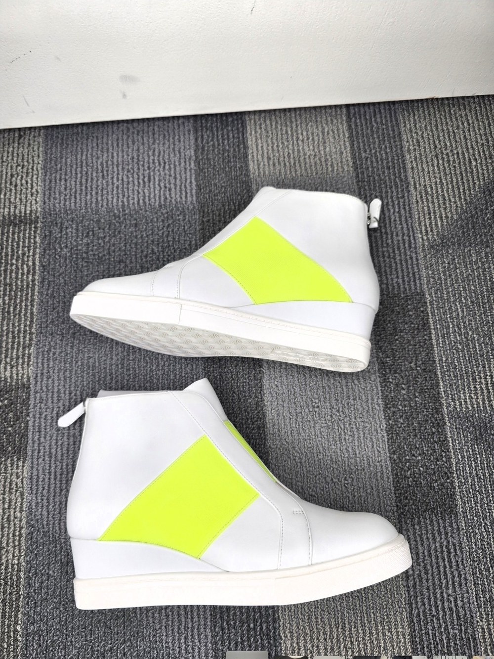 Paolo Amber White Leather Wedge Sneakers with Neon Yellow/Green Color Panel